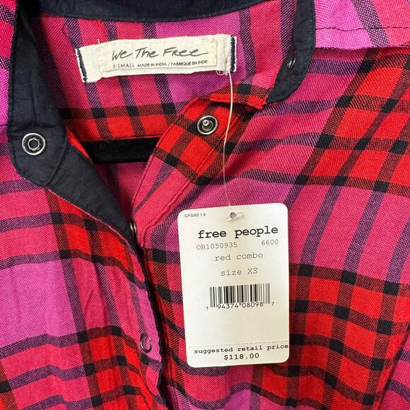 NWT Free People Red Pink Plaid Drawstring Sleeve Button Down Top Womens X-Small - Picture 5 of 6